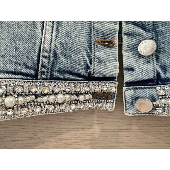 Alice + & Olivia Nelson Crystal Embellished Cropped Denim Jean Jacket Small Blue - Picture 9 of 11